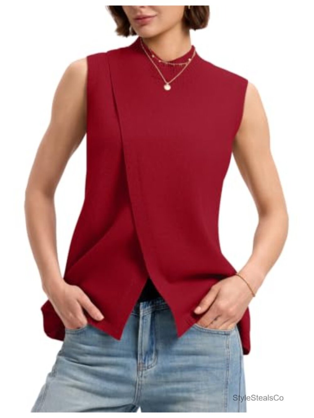 Mock Neck Sweater Vest Slim Fit Side Split Sleeveless Pullover Layer